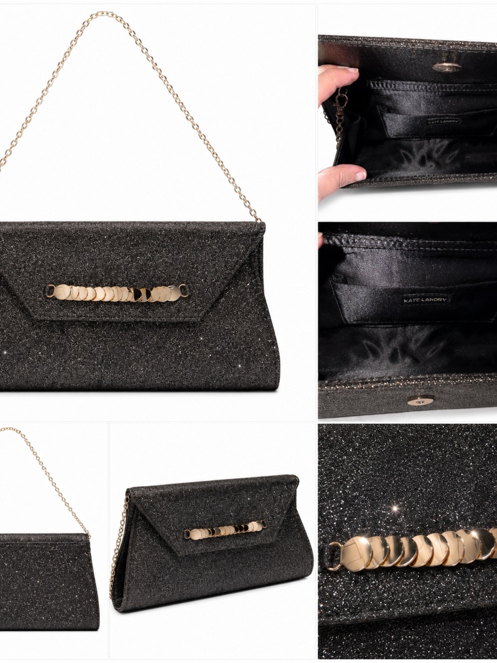 Kate Landry Black Glitter Evening Clutch with Gold Chain